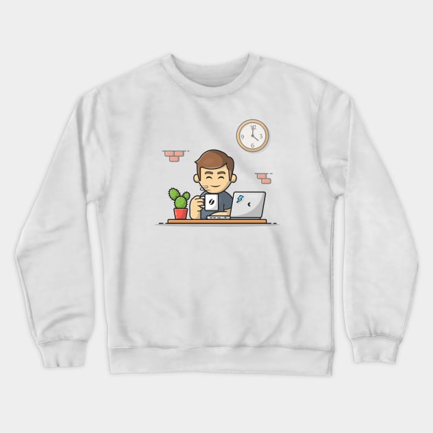 Male Operating Laptop With Coffee Cartoon Vector Icon Illustration Crewneck Sweatshirt by Catalyst Labs